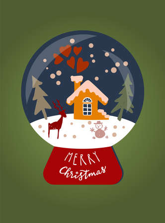 Merry Christmas. Snow ball with a winter forest, deer and a cozy little house. Vintage winter holidays calligraphic card. Christmas vintage artistic greeting card. Creative illustrationのイラスト素材