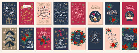 Set of Merry Christmas and Happy Holidays vintage hand drawn greeting cards, gift tags, postcards, posters. Calligraphic typography artwork illustrationのイラスト素材