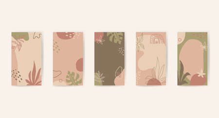 Editable abstract artistic floral story templates for social media marketing, phone screen proportions. Retro vintage fluid organic shapes in neutral colors. stories templates with copy spaceのイラスト素材