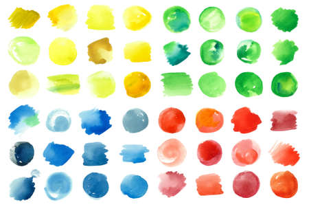Set of colorful watercolor spots. Hand painted watercolor yellow, red, green, blue color washes. Texture background collection. Artistic hand drawn illustrationの写真素材