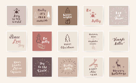 Set of Merry Christmas and Happy New Year hand colorful drawn Mid Century Modern style vintage calligraphic cards with hand letteringのイラスト素材