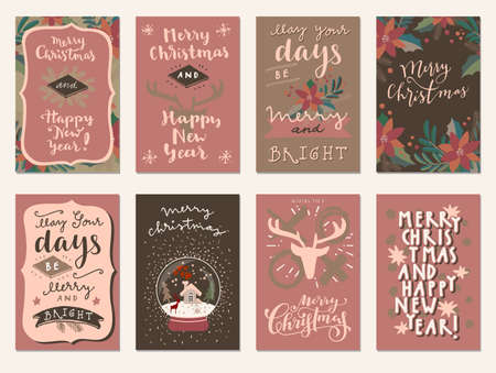 Set of Merry Christmas and Happy Holidays vintage hand drawn greeting cards, gift tags, postcards, posters in terracotta colors. Calligraphic typography artwork artwork illustrationのイラスト素材