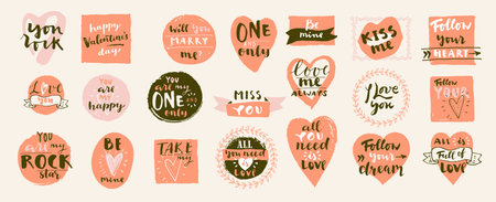 Set of Boho Love hand drawn logos. Valentines Day quotes for Bohemian style badges, postcards, photo overlays, greeting cards, T-shirts, prints in retro style. Vintage calligraphic illustrationのイラスト素材