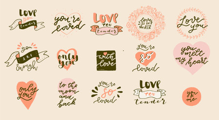 Set of Boho Love hand drawn logos. Valentines Day quotes for Bohemian style badges, postcards, photo overlays, greeting cards, T-shirts, prints in retro style. Vintage calligraphic illustrationのイラスト素材