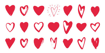 Red hearts. Happy Valentine's Day set of bohemian hand crafted hearts. Boho style hand drawn design elements. Vintage artistic illustrationのイラスト素材