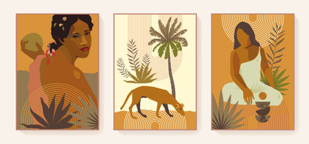 Boho style triptych. Exotic prints. French Polynesia Tahiti culture. Bohemian tropical feminine posters. Gauguin inspired boho wall art home decor. Earth tones terracotta colors wall printsのイラスト素材