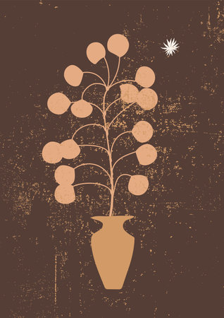 Neutral minimal botanical wall art print illustration. Brown beige terracotta colors mid century modern vintage artwork home decor. Mystic boho twig in a jar still lifeのイラスト素材