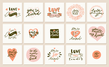 Cute Valentines Day quote postcards, greeting cards in retro style. Set of Boho Love hand drawn cards. Vintage calligraphic illustrationのイラスト素材