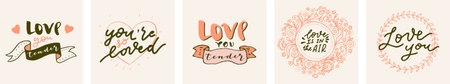 Love You Tender, You Are So Loved, Love Is In The Air. Cute Valentines Day quote postcards, greeting cards in retro style. Set of Boho Love hand drawn cards. Vintage calligraphic illustrationのイラスト素材