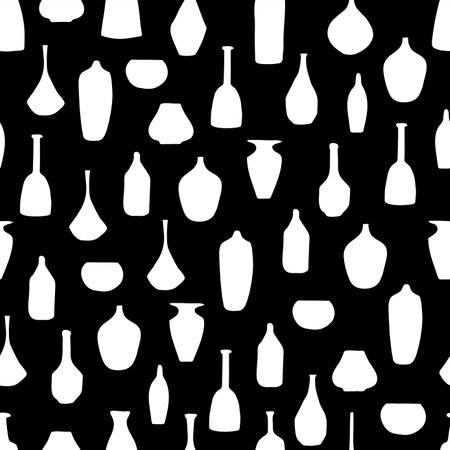 Seamless pattern with abstract hand drawn ceramic pots, jugs, vases. Trendy motif allover illustration, endless texture. Black and white pot jug pattern background for textile, wallpaper, cardのイラスト素材