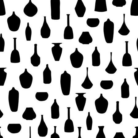 Seamless pattern with abstract hand drawn ceramic pots, jugs, vases. Trendy motif allover illustration, endless texture. Black and white pot jug pattern background for textile, wallpaper, cardのイラスト素材