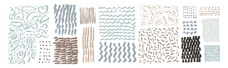 Set of hand drawn textures. Uneven natural hand-crafted lines, curved shapes, dots, daubs, smears, undulating waves, fluid shapes, patterns, organic details, brush strokes. Organic design elementsのイラスト素材