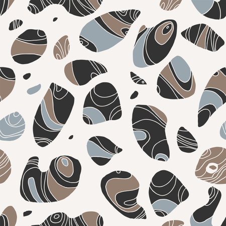 Pebbles seamless pattern. Hand drawn stones repeat. Natural organic lines, waves. Neutral earthy colors background. Zen spa relaxation beach pebble backdrop. Trendy curves endless texture illustrationのイラスト素材