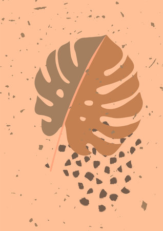 Terracotta contemporary wall art. Boho abstract herbal botanical ink brush stroke print. Mid Century Modern aesthetic poster, cover, card, banner, wall decor design. Neutral colors home decorationのイラスト素材