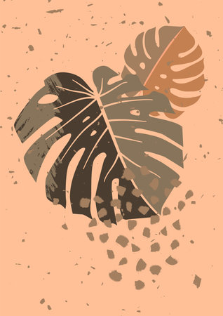 Artistic terracotta contemporary wall art. Boho abstract botanical monster brush stroke print. Mid Century Modern aesthetic poster, cover, card, banner, wall decor. Neutral colors home wall decorationのイラスト素材