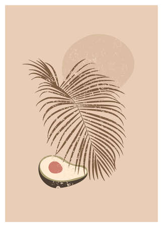Boho aesthetic abstract botanical wall art poster print. Scandinavian cover design, neutral natural colors. Bohemian collage wall print. Mid Century Modern design. Plant fruit posters art illustrationのイラスト素材