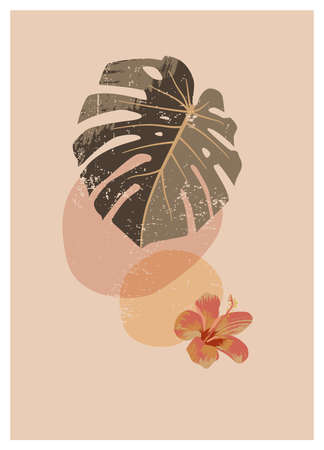 Boho aesthetic abstract botanical wall art poster print. Scandinavian cover design, neutral natural colors. Bohemian collage wall print. Mid Century Modern design. Plant fruit posters art illustrationのイラスト素材