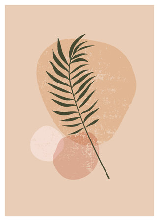 Boho aesthetic abstract botanical wall art poster print. Scandinavian cover design, neutral natural colors. Bohemian collage wall print. Mid Century Modern design. Plant fruit posters art illustrationのイラスト素材