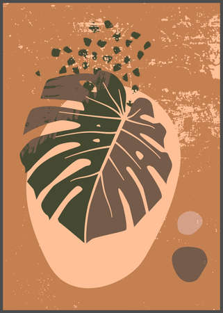Monstera poster, cover, card, wallpaper. Botanical wall art print. Abstract exotic plant home decor print. Mid Century Modern aesthetics. Burnt orange neutral warm colors. Contemporary collageのイラスト素材