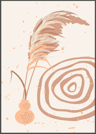 Pampas grass panicles botanical wall art. Abstract vase and plants home decor. Mid Century Modern aesthetics. Gentle neutral warm colors. Contemporary design collageの写真素材