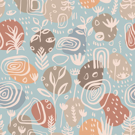 Hand drawn abstract artistic botanical seamless pattern. Cute floral seamless backdrop. Simple drawing Scandinavian style repeat. Vintage midcentury modern colors upholstery wallpaper repeating designのイラスト素材