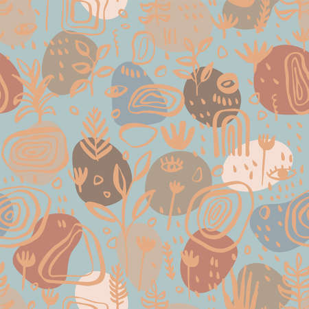 Hand drawn abstract artistic botanical seamless pattern. Cute floral seamless backdrop. Simple drawing Scandinavian style repeat. Vintage midcentury modern colors upholstery wallpaper repeating designのイラスト素材