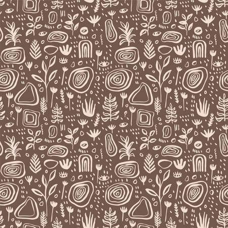 Hand drawn abstract artistic botanical seamless pattern. Cute floral seamless backdrop. Simple drawing Scandinavian style repeat. Vintage midcentury modern colors upholstery wallpaper repeating designのイラスト素材