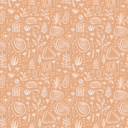 Hand drawn abstract artistic botanical seamless pattern. Cute floral seamless backdrop. Simple drawing Scandinavian style repeat. Vintage midcentury modern colors upholstery wallpaper repeating designのイラスト素材
