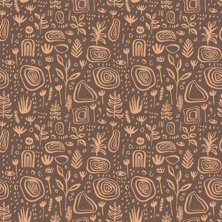 Hand drawn abstract artistic brown seamless pattern. Cute floral seamless backdrop. Simple drawing Scandinavian style repeat. Vintage midcentury modern colors upholstery wallpaper repeating designのイラスト素材