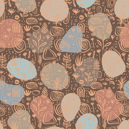 Hand drawn abstract artistic botanical seamless pattern. Cute floral seamless backdrop. Simple drawing Scandinavian style repeat. Vintage midcentury modern colors upholstery wallpaper repeating designのイラスト素材