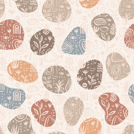 Hand drawn abstract artistic botanical seamless pattern. Cute floral seamless backdrop. Simple drawing Scandinavian style repeat. Vintage midcentury modern colors upholstery wallpaper repeating designのイラスト素材
