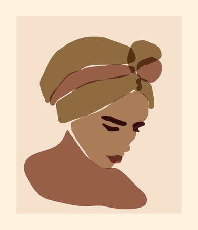 Minimalist aesthetic feminine wall art print beautiful African Latino Brazilian turban lady portrait. Neutral earth tone terracotta face contemporary poster. Midcentury modern ethnic boho printのイラスト素材