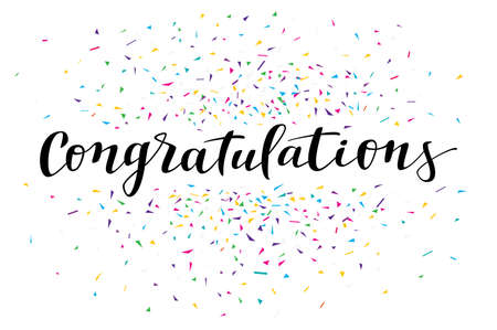 Congratulations, modern calligraphy. Colorful fancy calligraphic greeting card with confetti on black backgroundのイラスト素材