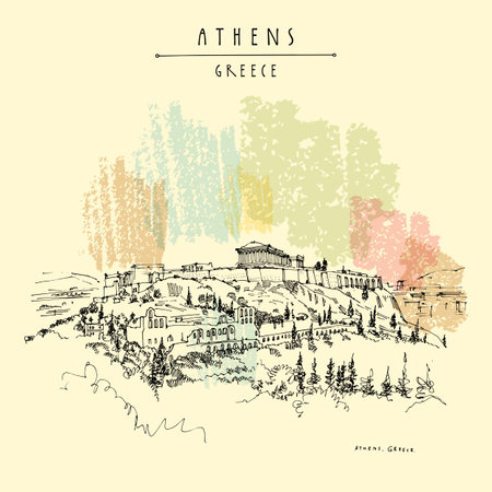 Parthenon temple and the Acropolis hill in Athens, Greece. Hand drawing in retro style. Travel sketch. Vintage touristic postcard, poster, calendar or book illustrationのイラスト素材