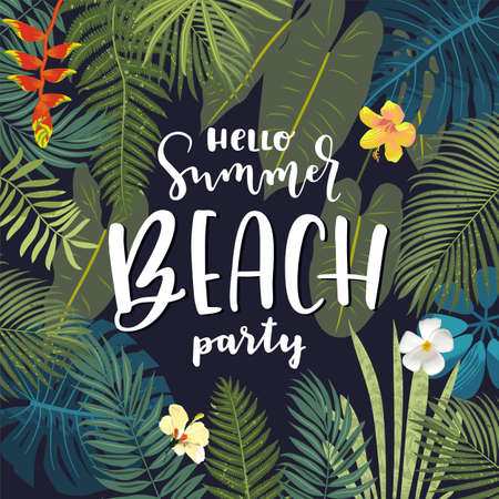 Hello Summer Beach Party beautiful jungle exotic leaves flyer, poster, banner template. Modern calligraphy summer design. Monstera, hibiscus flowers, tropical plants. Summertime Goa party illustrationのイラスト素材
