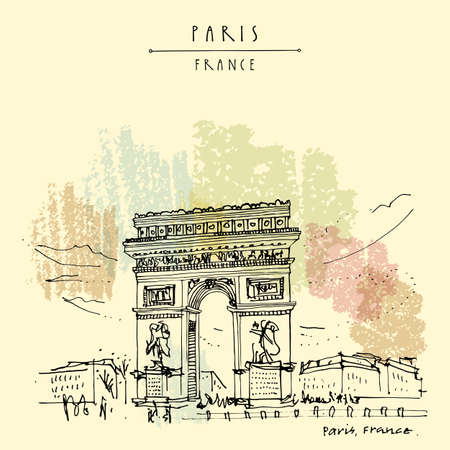 Paris, France. Arc de Triomphe (Triumphal Arch) in French capital. Hand drawing. Retro style artistic travel sketch. Vintage hand drawn touristic postcard, poster, book illustrationのイラスト素材