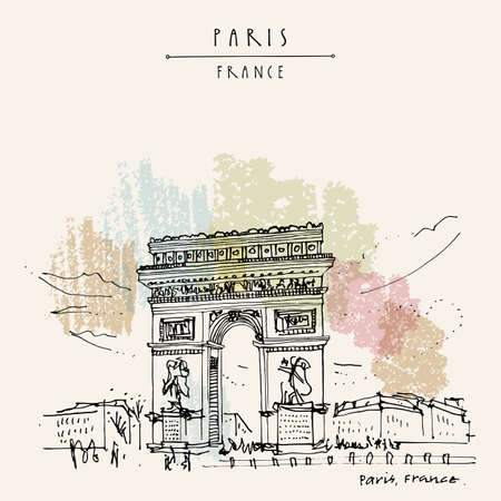 Paris, France. Arc de Triomphe (Triumphal Arch) in French capital. Hand drawing. Retro style artistic travel sketch. Vintage hand drawn touristic postcard, poster, book illustrationのイラスト素材