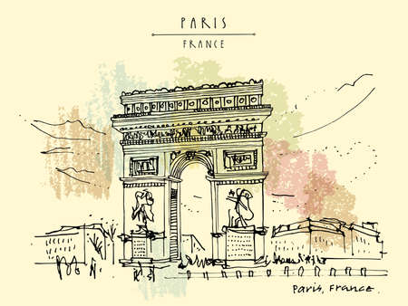 Paris, France. Arc de Triomphe (Triumphal Arch) in French capital. Hand drawing. Retro style artistic travel sketch. Horizontal vintage hand drawn touristic postcard, poster or book illustrationのイラスト素材