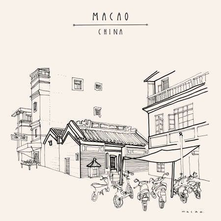 Macao retro postcard. Chinese Kuan Tai (Sam Kai Vui Kun) temple. Old town historical center. Macau (Macao), China, Asia. Artistic drawing. Asian travel sketch. Vintage hand drawn postcard, posterのイラスト素材