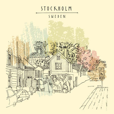Stockholm postcard. Street in Stockholm, Sweden, Scandinavia, Europe. House on the rock, car parking. Retro style artistic Swedish travel sketch. Vintage touristic postcard, poster, book illustrationのイラスト素材