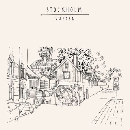 Stockholm postcard. Street in Stockholm, Sweden, Scandinavia, Europe. House on the rock, car parking. Retro style artistic Swedish travel sketch. Vintage touristic postcard, poster, book illustrationのイラスト素材