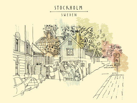 Stockholm postcard. Street in Stockholm, Sweden, Scandinavia, Europe. House on the rock, car parking. Retro style artistic Swedish travel sketch. Vintage touristic postcard, poster, book illustrationのイラスト素材