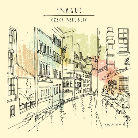 Prague postcard. Prague, Czech Republic, Europe. Canal in the old town. Travel sketch drawing. Hand drawn vintage touristic postcard, poster, book or calendar illustrationのイラスト素材