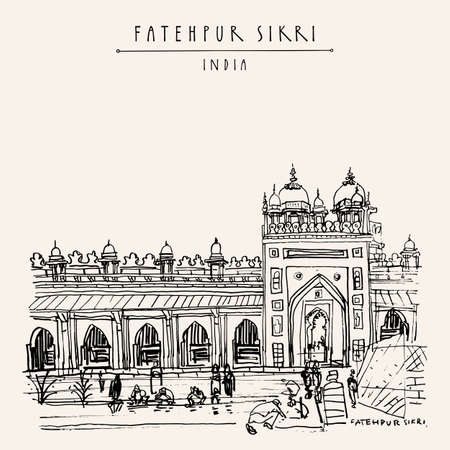 Fatehpur Sikri postcard. Agra District of Uttar Pradesh, India. Shahi Darwaza of the Jama Masjid mosque. Historical landmark sketch. Vintage hand drawn travel postcardのイラスト素材