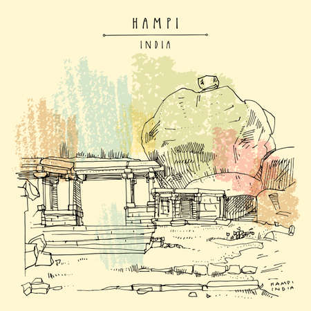 Hampi postcard. Karnataka, India. 14th century capital of the Vijayanagara Empire. Ancent temple, giant boulder. Heritage travel sketch. Vintage hand drawn travel postcard, poster illustration