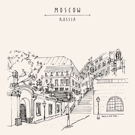 Old Moscow, Russia, Europe architecture postcard. Ancient houses, stairs, old buildings drawing. Old town artwork. Travel sketch. Vintage hand drawn touristic poster, brochure illustrationのイラスト素材