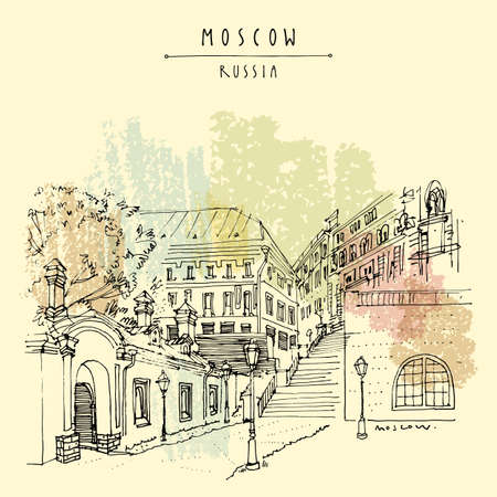 Moscow architecture postcard. Ancient houses, old buildings in old town of Moscow, Russia, Europe. Travel sketch. Vintage hand drawn touristic postcard, poster.  Russian travel brochure illustrationのイラスト素材