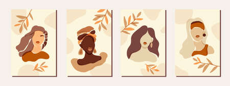 Female portrait posters wall art home decor. Boho aesthetics set. Minimalist female faces. Paper cut style diverse skin tones and hairstyle glamor feminine bohemian women in soft brown neutral colorsのイラスト素材