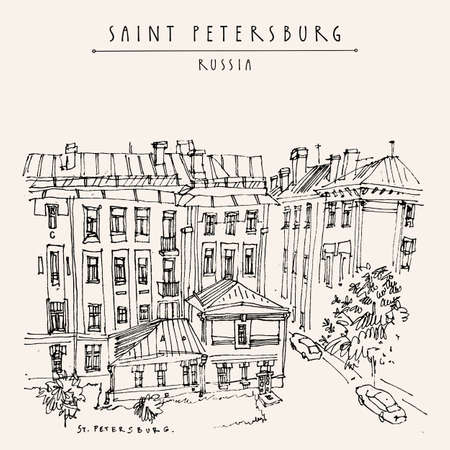 Saint Petersburg, Russia. Historical buildings in city center. Architecture drawing. Travel sketch, vintage hand drawn postcardのイラスト素材