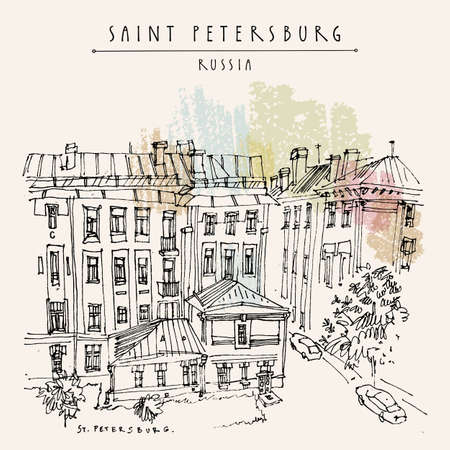 Saint Petersburg, Russia. Historical buildings in city center. Architecture drawing. Travel sketch, vintage hand drawn postcardのイラスト素材